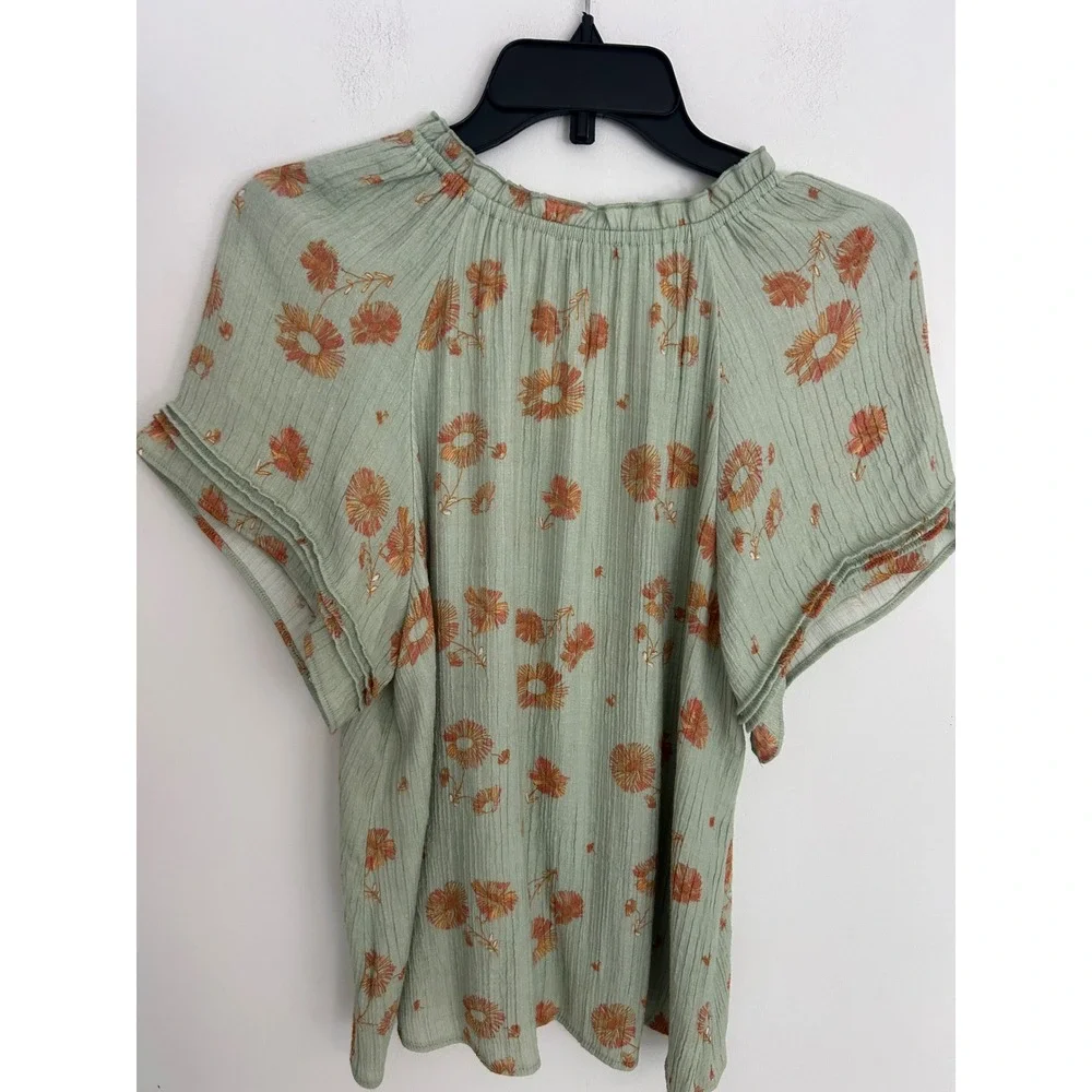 Wonderly Sage Green Floral Gauze Henley Blouse Short Flutter Sleeve Petite Large